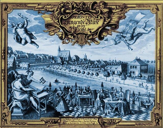 Обложка сборника Сперонтеса (это псевдоним ученика Баха) "Муза, поющая на берегах Плейсе" (реки, протекающей через Лейпциг). Возможно, за столиком изображены Бах и его жена Анна Магдалина. Вдали, под виньеткой с заглавием, видна церковь св. Фомы.