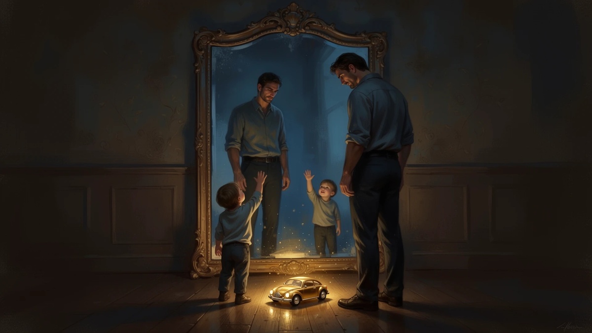 Отец и сын у зеркала. В отражении они меняются местами. Игрушка между ними светится как маленькая точка где встречаются два детства.