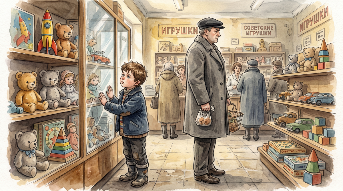 Мальчик у витрины с игрушками. Руки прижаты к стеклу, глаза полные желания. Рядом отец который смотрит в другую сторону. Эта картина живёт внутри очень многих из нас.