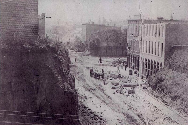 Раскопки Сиэтла и Канзас Сити в США в XIX веке. Многоэтажные дома среди глиняных холмов