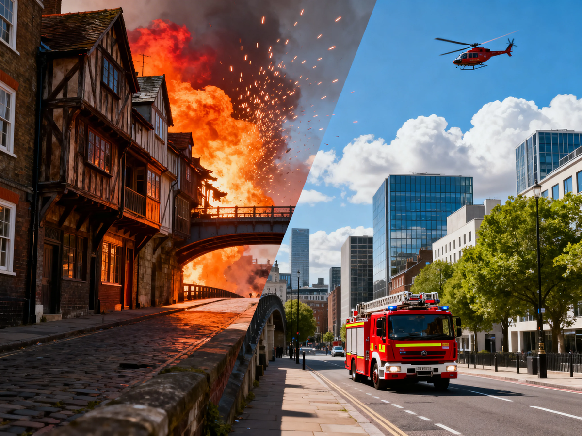 Слева — средневековый Лондон: деревянные дома вплотную, узкие улочки, огонь пожирает всё. Справа — современный город: широкие улицы, бетон и стекло, красная пожарная машина всегда наготове. Между ними — четыре дня пожара, который изменил мир. И 350 лет уроков, которые мы до сих пор не выучили. 🔥🏙️