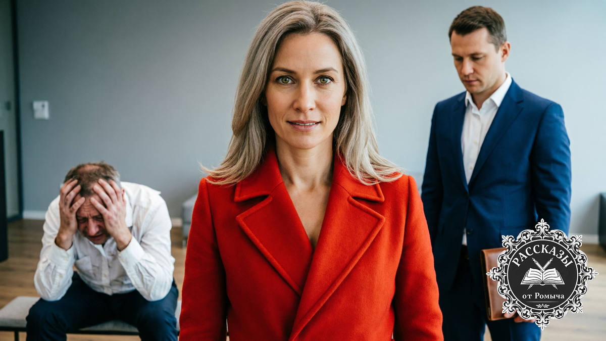 Женщина с оливковыми глазами и пепельно-русыми волосами, одета в ярко-красное кашемировое пальто, стоит посреди комнаты с холодным, торжествующим лицом. На заднем плане мужчина-антагонист в помятой рубашке сидит на банкетке, обхватив голову руками в отчаянии. Рядом стоит строгий мужчина в костюме с папкой документов.