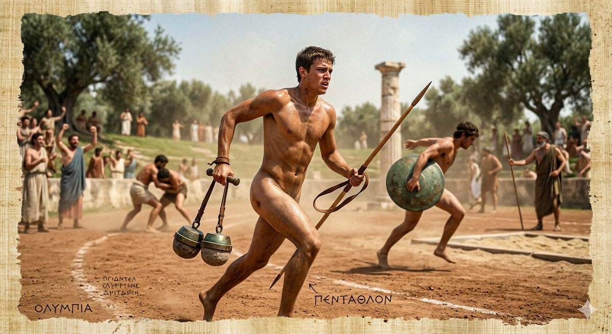 Пентатлон. Древняя Олимпия. Изображение сгенерировано ИИ.