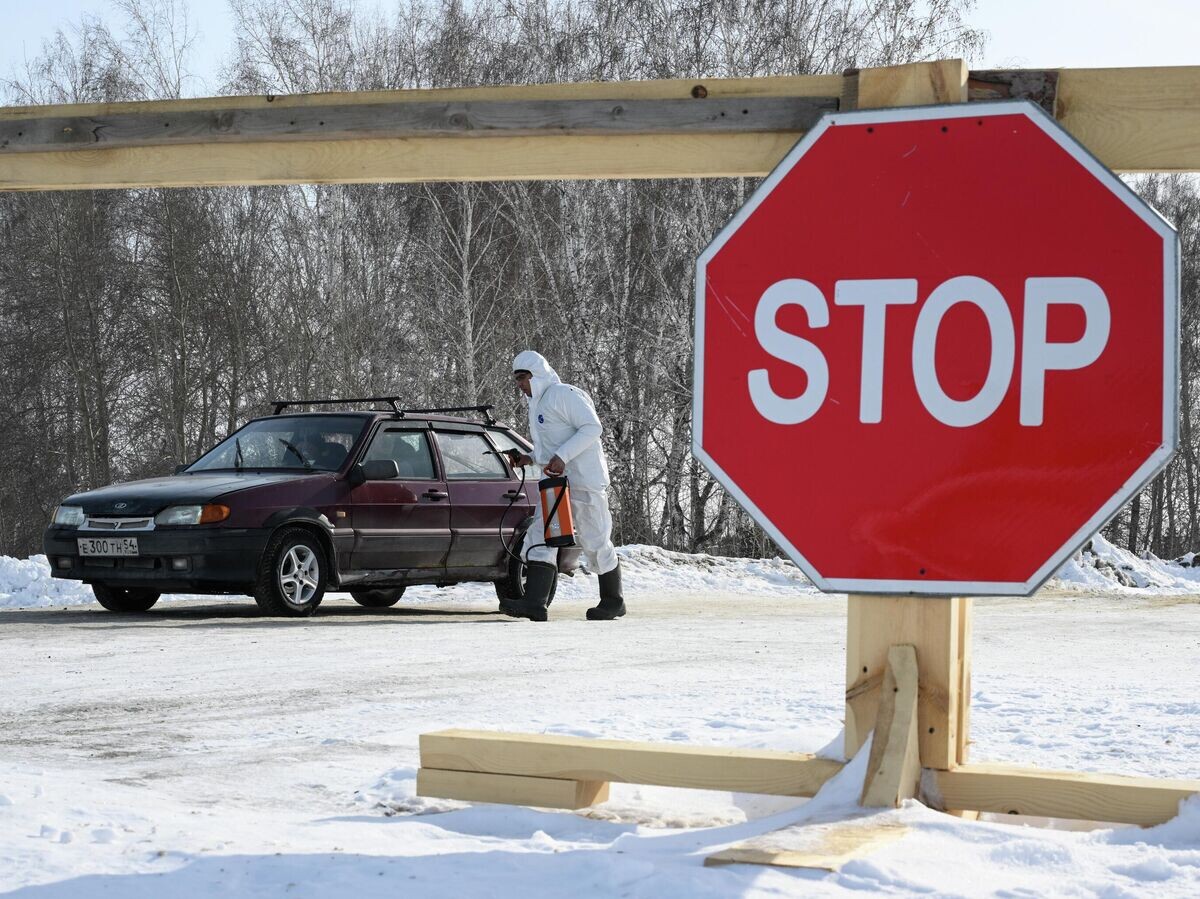    Сотрудник ветеринарной службы дезинфицирует автомобиль в Новосибирской области, где введен карантин по пастереллезу скота | © РИА Новости / Александр Кряжев