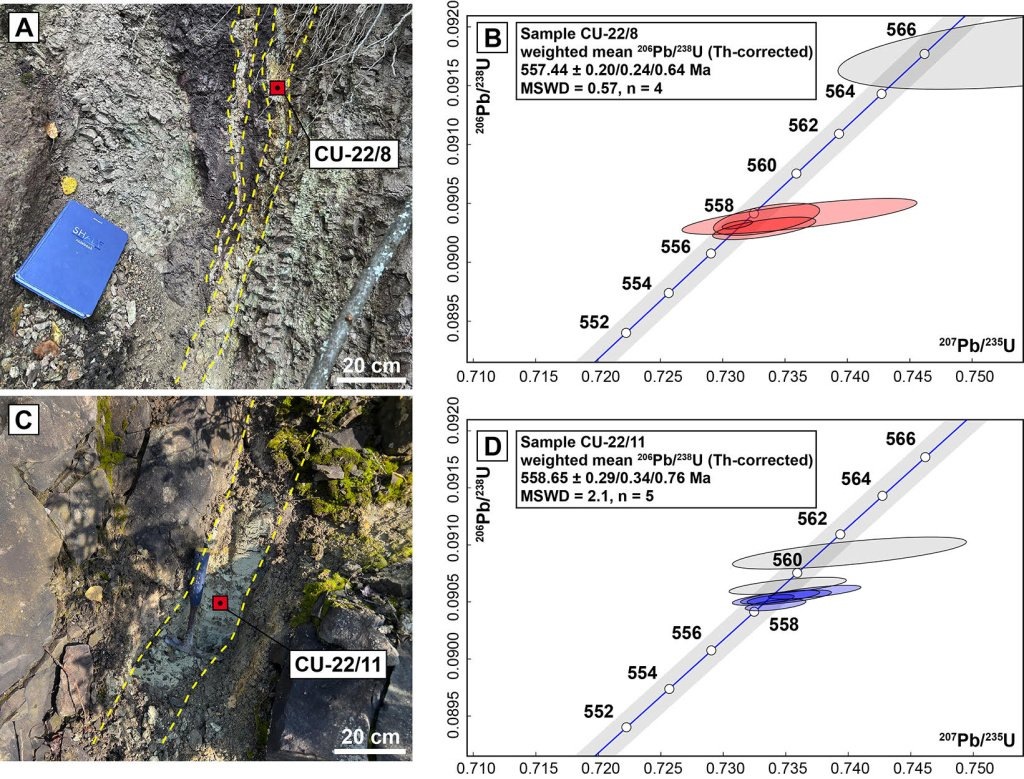    Прослои вулканических пепловых глин в Пермском крае в районе Широковского водохранилища и северной окраины города Чусовой, из которых получен высокоточный возраст кристаллов циркона