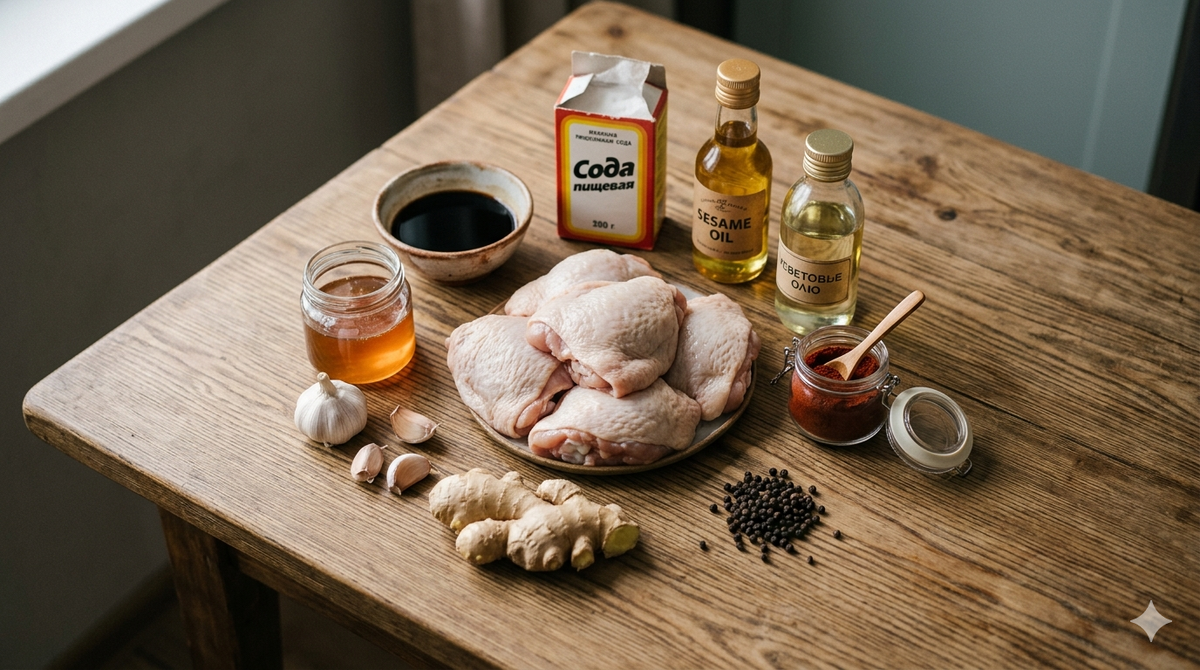 Куриные бёдра на кости с кожей — 4 штуки.               Соевый соус — 3 столовых ложки.                                Мёд — 1 столовая ложка.                                                 Чеснок — 4 зубчика.                                                                                     Имбирь свежий — 1 чайная ложка тёртого.                 Масло кунжутное или растительное — 1 столовая ложка.                                                                                                                                          Паприка — 1 чайная ложка.                                                                                            Сода пищевая — половина чайной ложки.                                       Перец чёрный — по вкусу.                                                                                                      