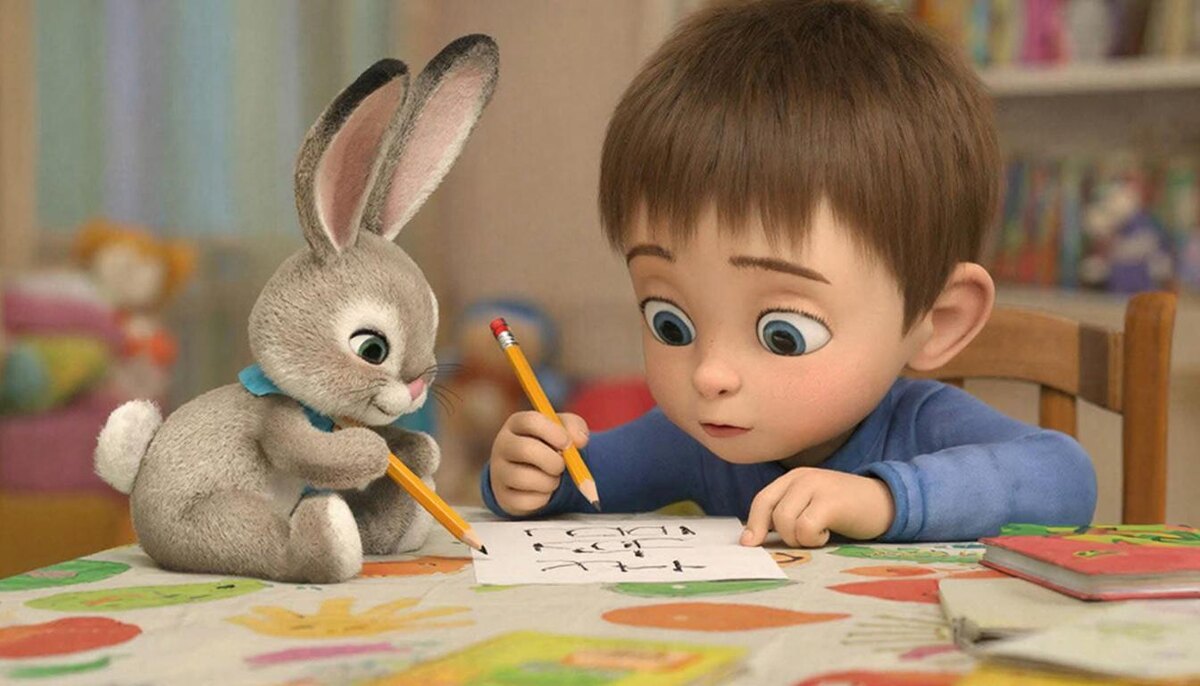 Ванятка учит писать зайчонка 