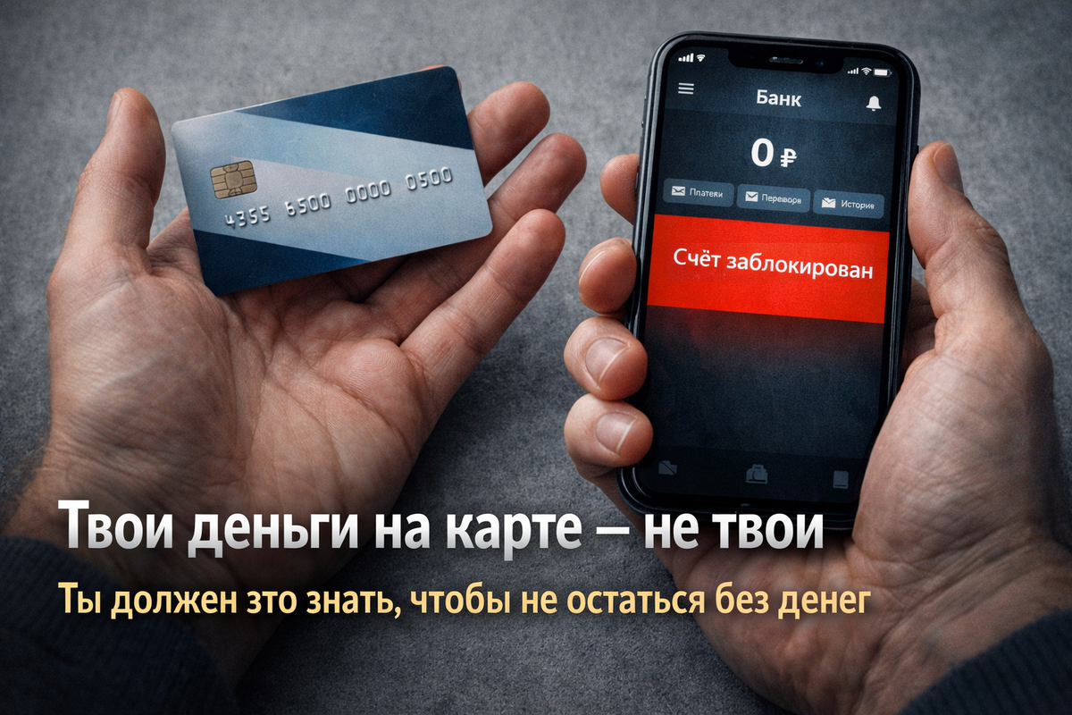 Руки человека, в одной руке банковская карта, в другой смартфон с уведомлением о блокировке счёта.