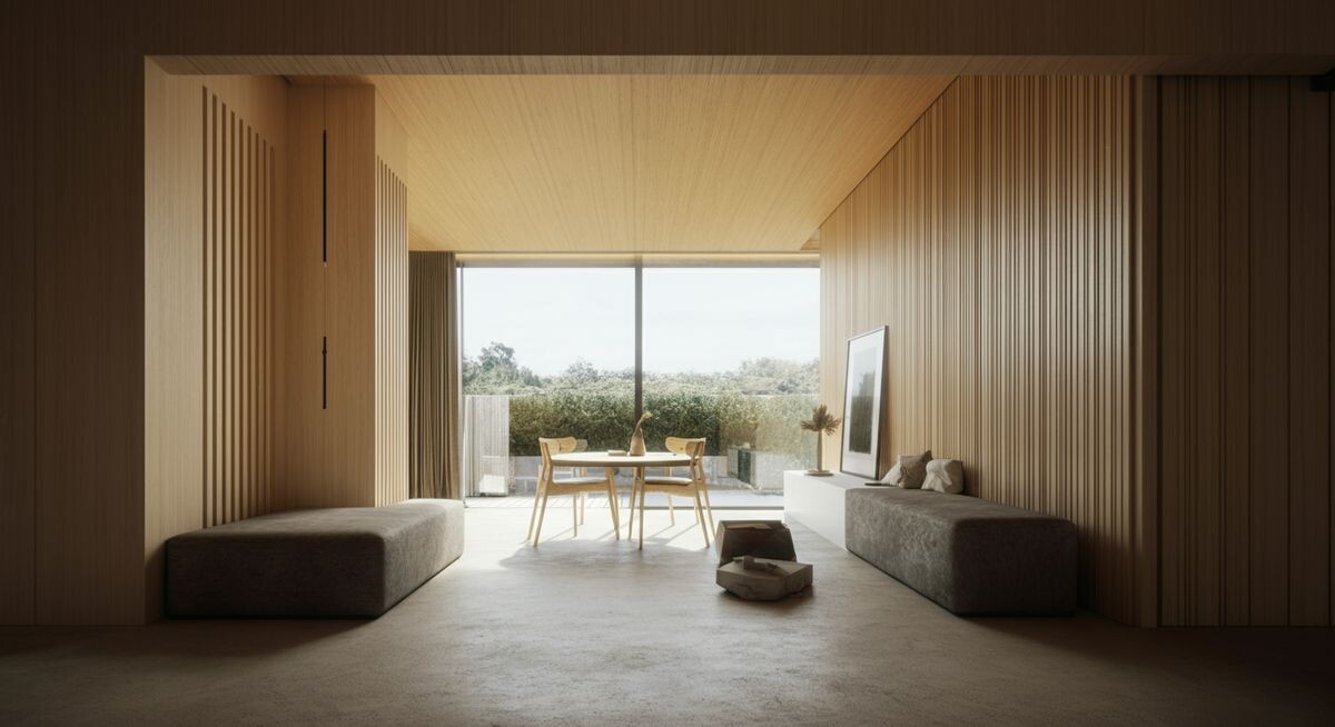 Женщина расставляет книги на полке в минималистичном интерьере