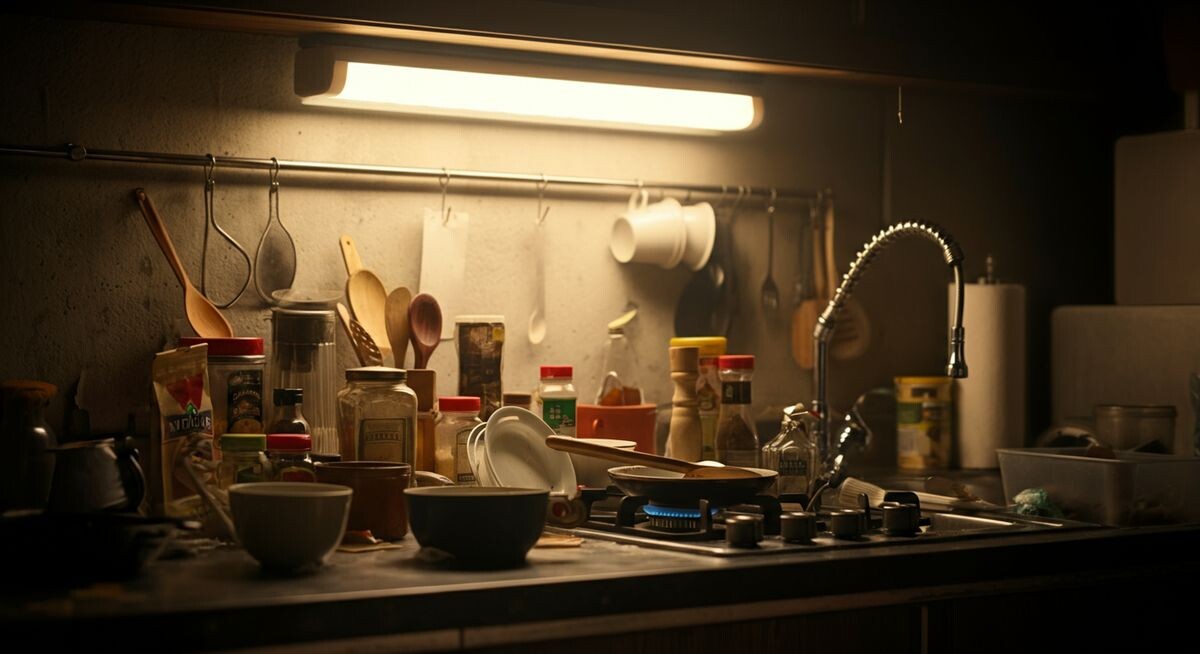 Беспорядок на столешнице на кухне после готовки