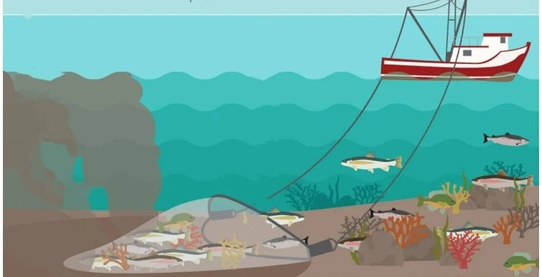 Траулер буксирует донный трал