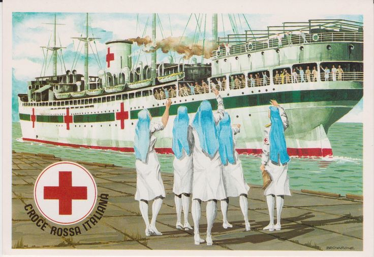 Итальянское госпитальное судно и медсестры Красного Креста, пропагандистская открытка, фашистская Италия, 1940 г.