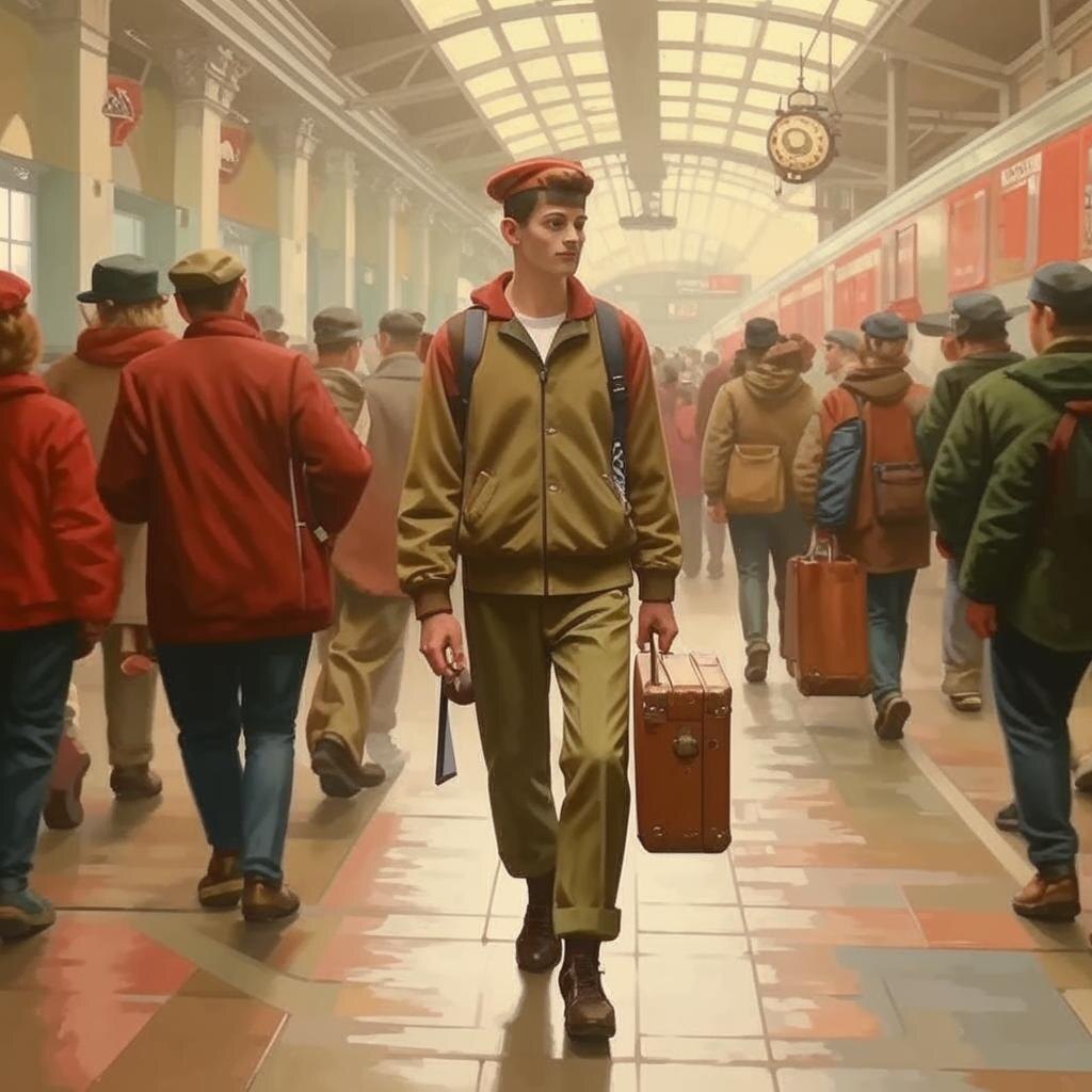 ВОЗВРАЩЕНИЕ. СССР 1990-е Алексей 20 лет. Дембель возвращается домой со срочной службы СА. Одет в спортивный костюм. На голове кепка, а в руке - чемодан СССР. Идет по перрону вокзала в Москве. 