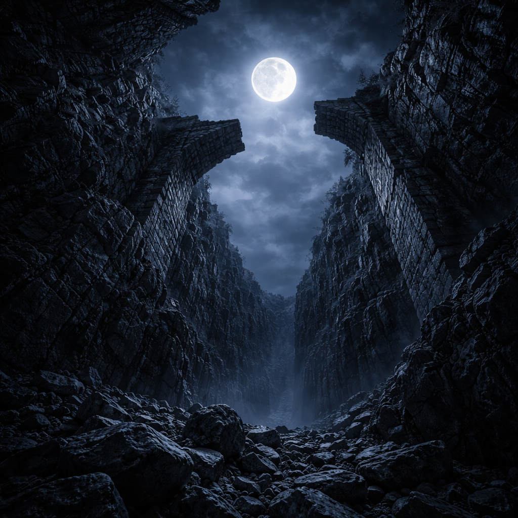 ПРОПАСТЬ. По бокам возвышаются тёмные скалистые стены, уходящие ввысь. На самом верху, высоко над головой, видны остатки разрушенного каменного моста — две опоры по краям, между ними зияет пустота.