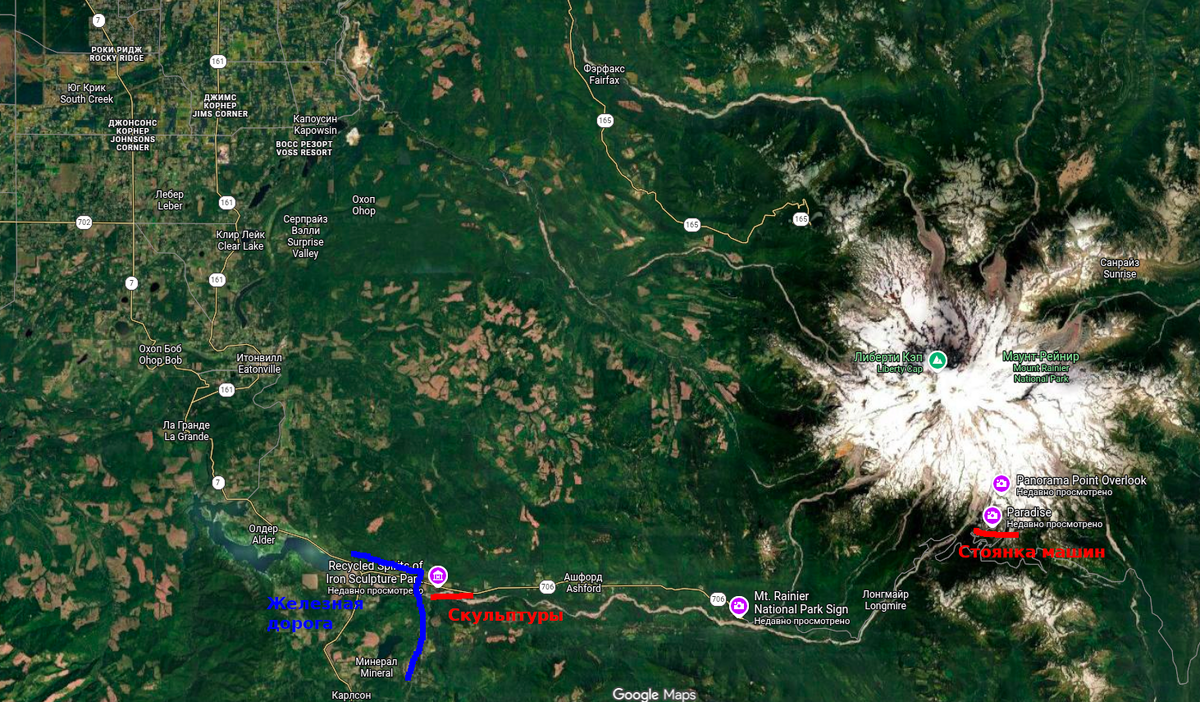 Дорога на гору Рейнир на карте Гугла