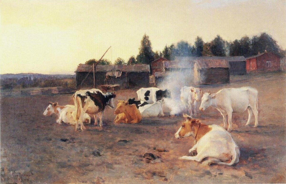     Ээро Ярнефельт. Коровы в торфяном дыму. 1891