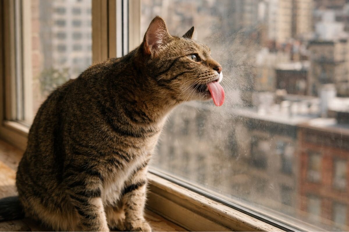 Кот лижет стекло 