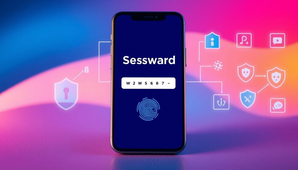    Иллюстрация, показывающая функции безопасности смартфона, включая надежный пароль, сканер отпечатков пальцев и значки антивирусного ПО.