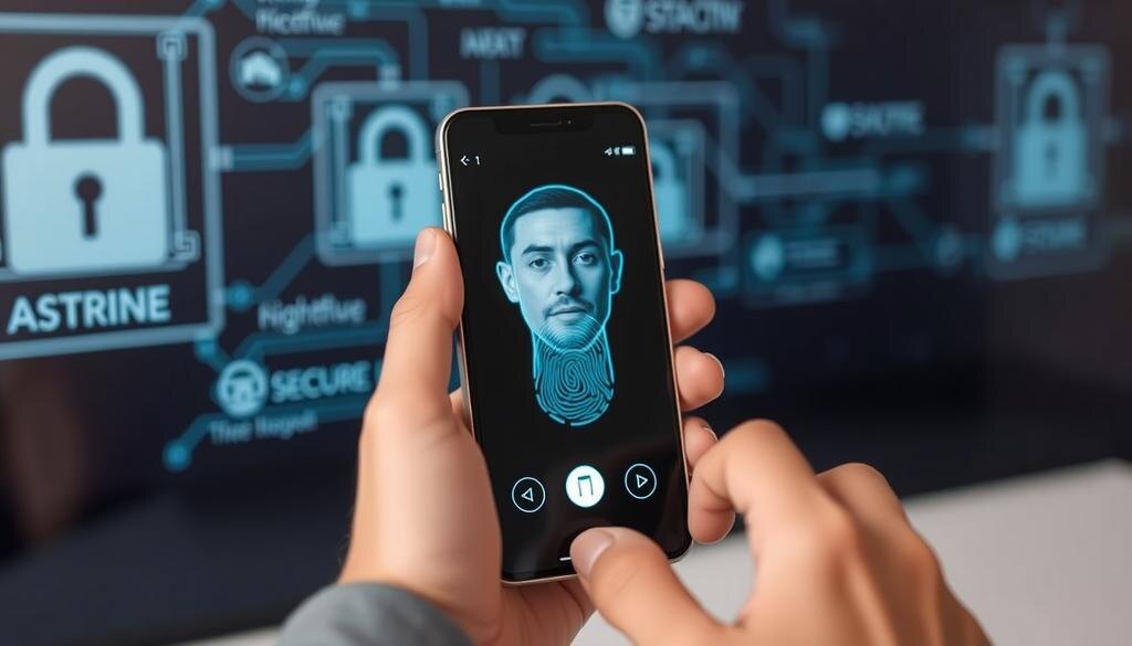    Пользователь смартфона, использующий биометрическую аутентификацию, на фоне безопасной цифровой среды.