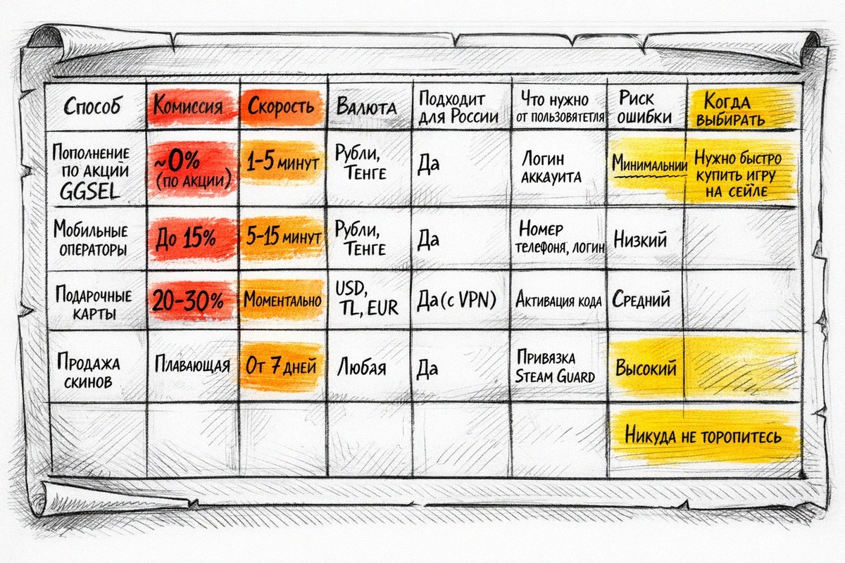 Наглядное сравнение популярных методов пополнения Steam для россиян. Оцените комиссии маркетплейсов, подарочных карт и мобильных операторов.