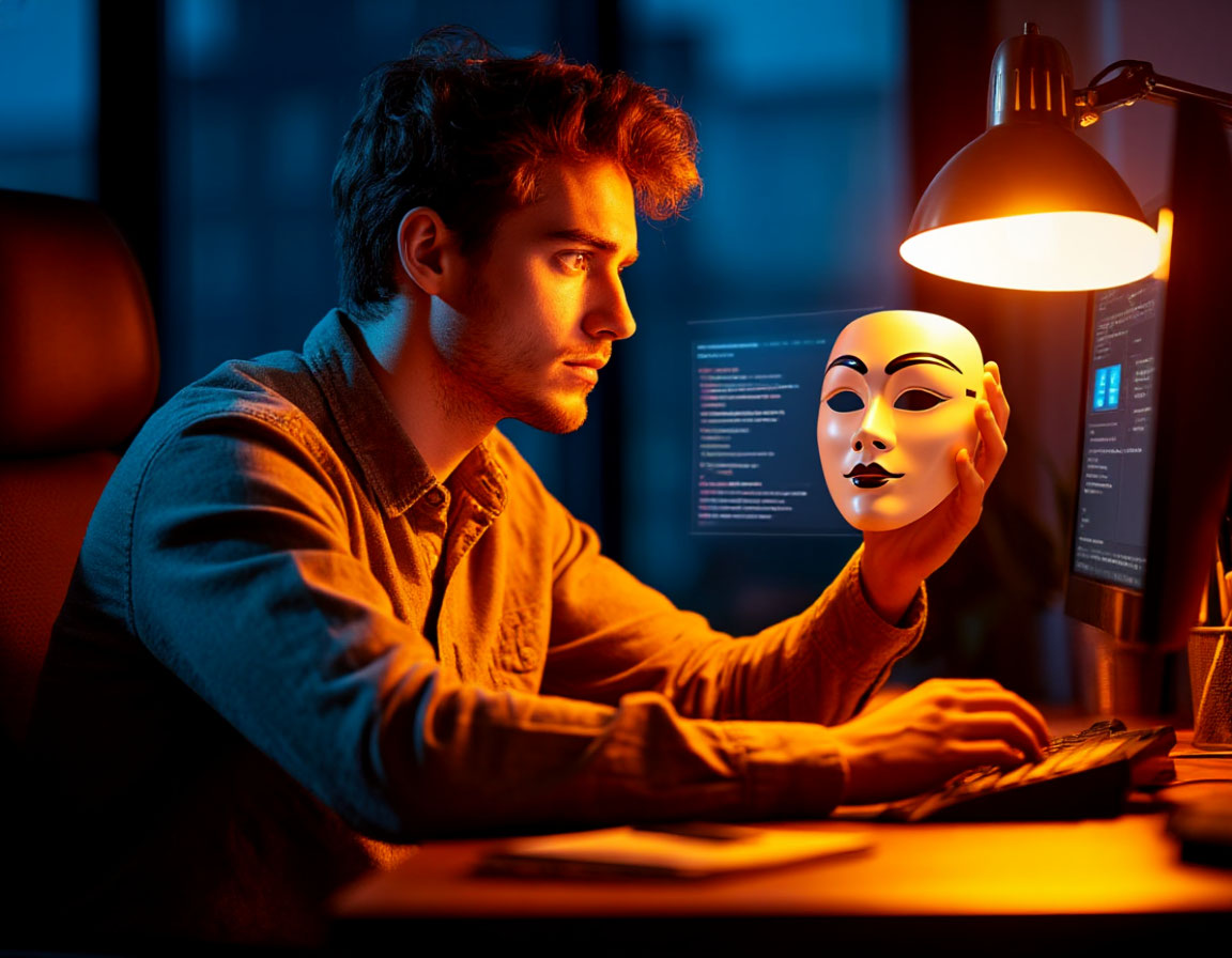 Автопортрет (я за компьютером, в руке маска):