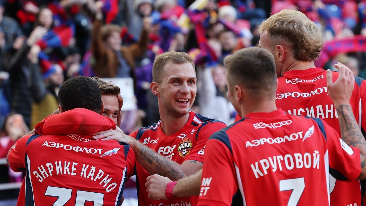    Футболисты ЦСКА празднуют гол в ворота махачкалинского «Динамо» в матче 22-го тура РПЛ 21 марта.Александр Федоров