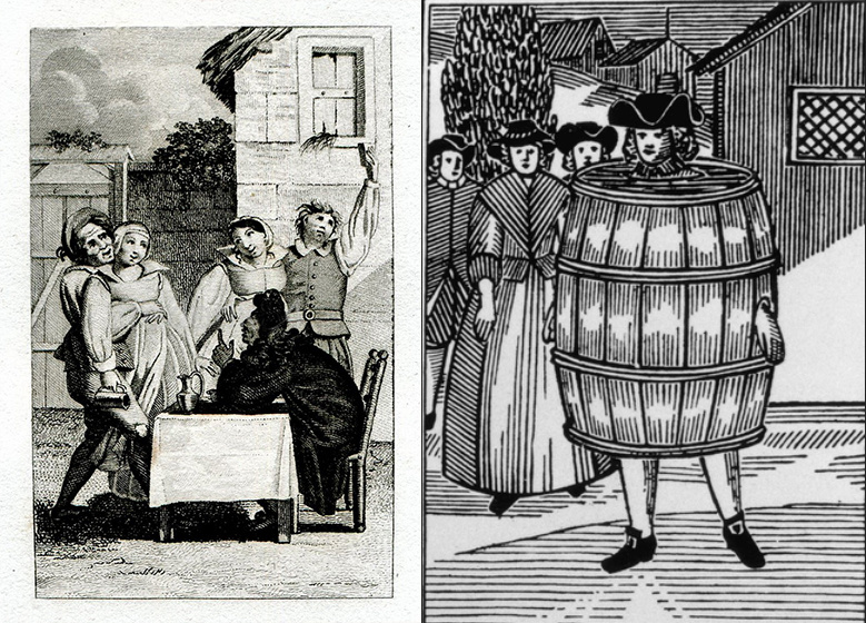 Гравюра слева: "Вечеринка с вином, Пьяные Девушка" 1823 Лафонтен. Гравюра справа: метод наказания. Плащ пьяницы, около 1690 года.