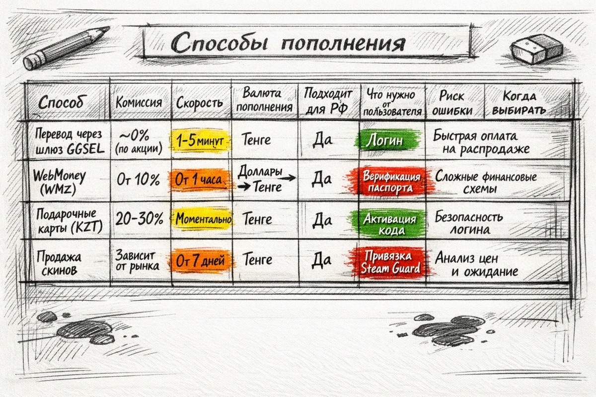 Подробное сравнение способов перевода рублей в тенге для аккаунтов Steam Казахстан. Разбираем комиссии маркетплейсов, подарочных карт и WebMoney.
