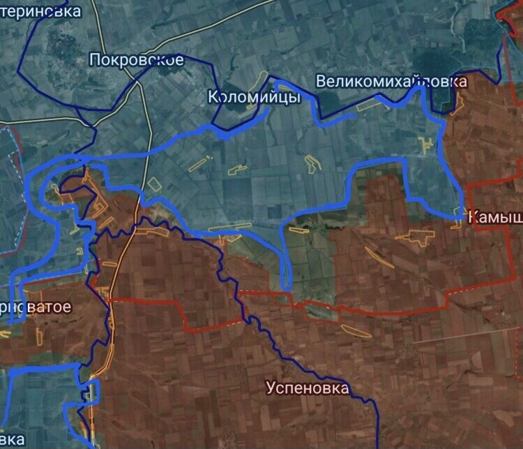 Картографическая информация с российского военного паблика. Синим контуром автор настоящего канала выделил утраченные российскими войсками участки территории.