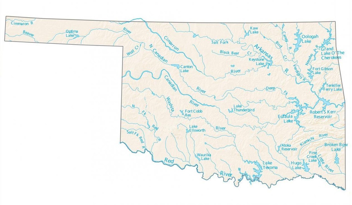 Карта рек Оклахомы (Borrowed from here; https://gisgeography.com/oklahoma-lakes-rivers-map/ ; Thanks, GISGeography)