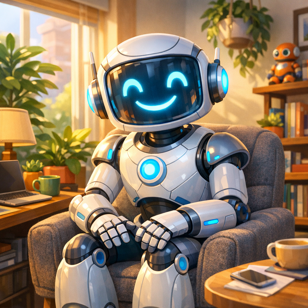 весёлый робот в кресле в домашней обстановке от ИИ юком