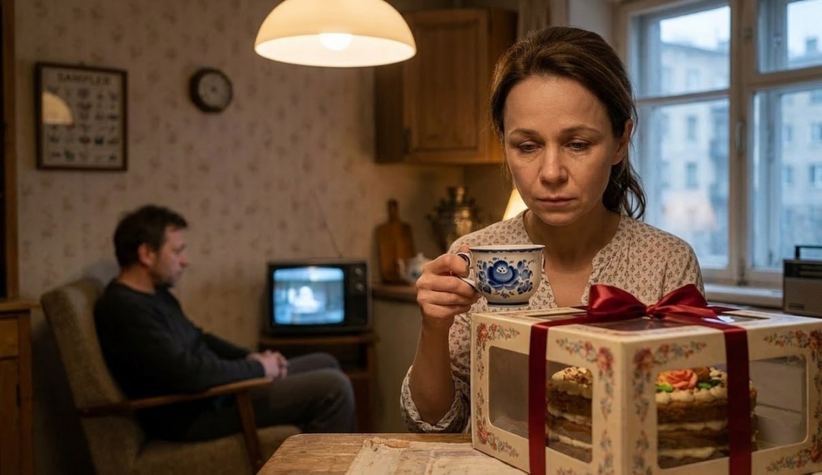 Наташа смотрит на свой торт глазами, полными тихой грусти и решимости. Восемь лет заботы без внимания к себе — и вот момент, когда она требует быть услышанной.