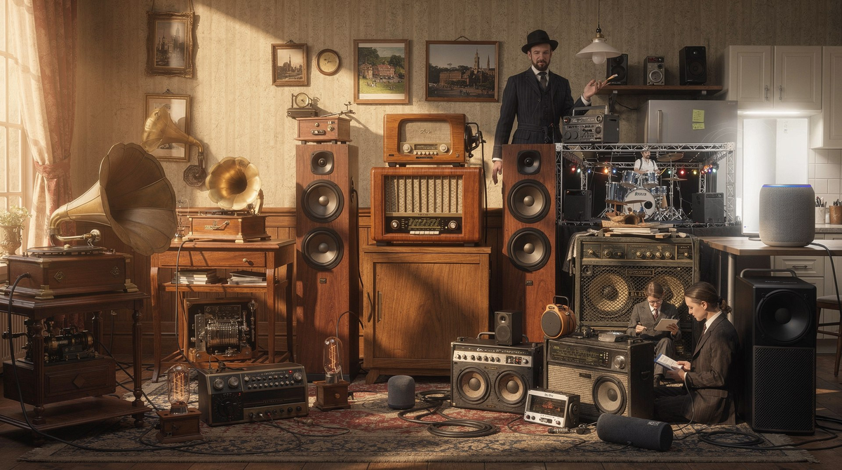 Мы включаем музыку утром, слушаем подкасты за работой, устраиваем вечеринки с мощным звуком — и всё это благодаря колонкам. Но как мы перешли от громоздких устройств к компактным смарт‑динамикам? Давайте проследим эволюцию колонки — от первых механических проигрывателей до голосовых ассистентов!