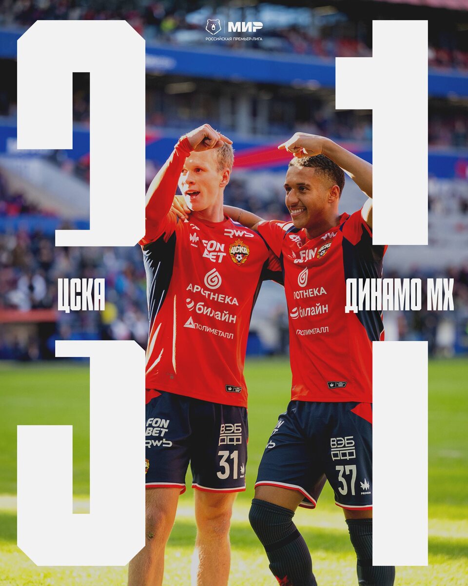Всех с победой!!!❤️💙 Наконец-то!!Очень важные три очка. Важные, прежде всего, психологически, будем надеяться, команда сбросила с себя оковы, и готова выдать мощную победную серию, желательно, вообще выиграть все матчи в РПЛ, до конца сезона, и про Кубок мы тоже не забываем.Матч был хороший, но не без ошибок. Пара Данилов - Лукин - и далеко не провал, и не прям эталон, важно брать в расчёт, что это их первая совместная игра, не хочу слишком критиковать, Матвей и Кирилл - молодцы, просто чуть наработать сыгранность, и всё у них будет друг с другом получаться отлично! Возможно, станут даже основной парой ЦЗ.Ошибка Акинфеева была, но на ней мы внимание заострять не будем.Лучше похвалим Кармо, за красивый гол головой и голевую на Кисляка, которому требовалось только подставить ногу, чтобы забить в пустые ворота, завершив красивую комбинацию, Мусаев не дал «Динамо» вернуться в игру при 2:1, забил свой тоже молодец!Уходим на двухнедельную паузу сборных с позитивным настроем!Всех с победой, ещё раз!❤️💙#МирРПЛ #ЦСКАДинамоМХ #ЦВБП @Konivuprazke