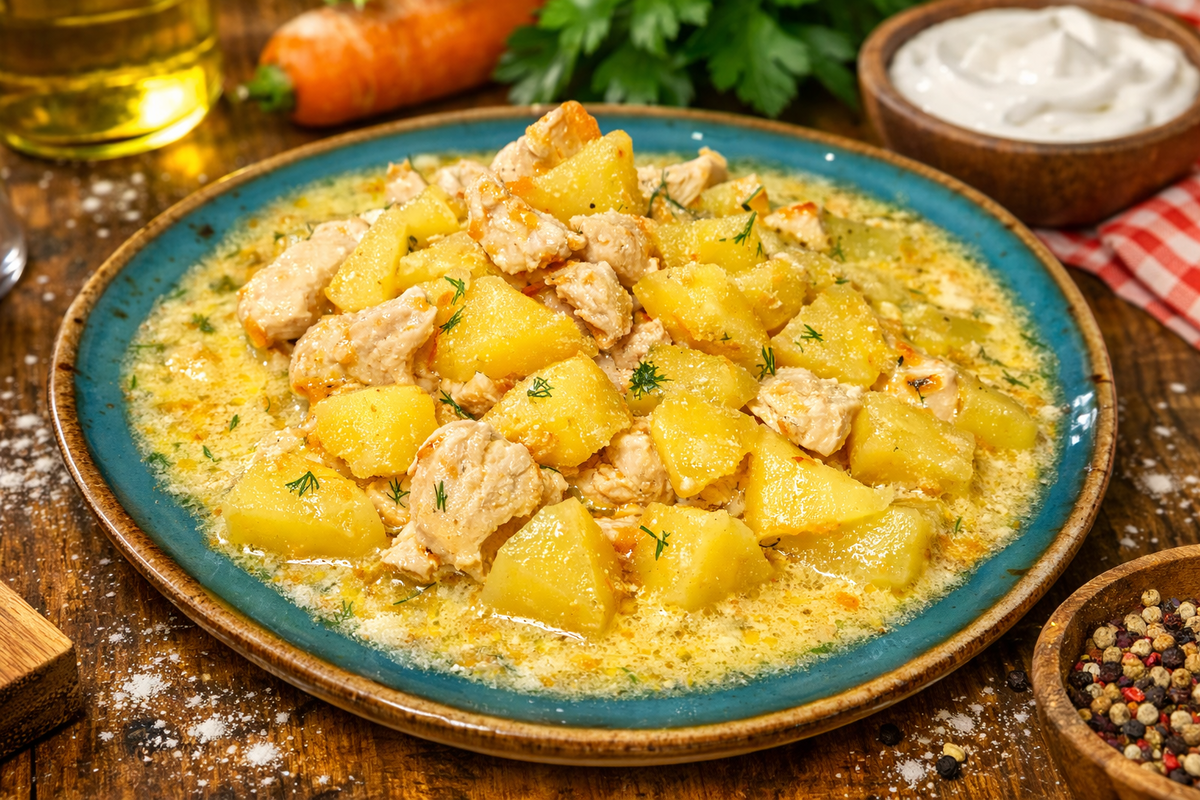 куриное филе с картофелем в сметане на сковороде