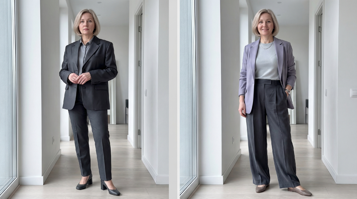 ❌ Слева - жёсткий синтетический костюм, который стоит колом и превращает фигуру в прямоугольник ✅ Справа - те же силуэты, но в мягкой шерсти и тенселе: ткань двигается вместе с вами и сбрасывает визуально пять лет