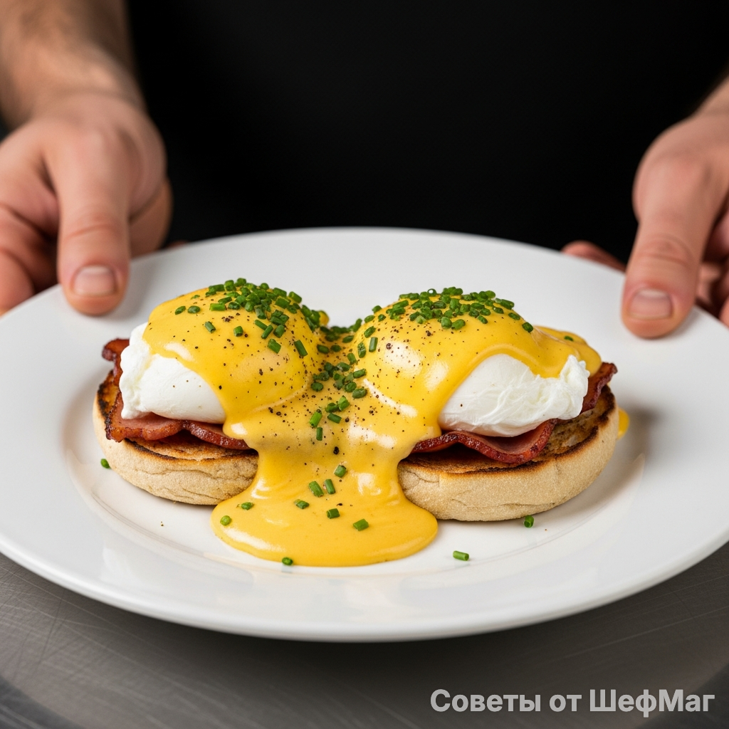 Яйца Бенедикт с золотистым соусом и нежнейшим желтком.