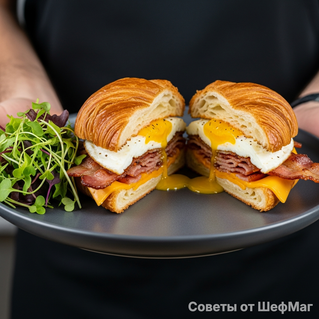 Золотистый круассан с хрустящим беконом и тягучим желтком - завтрак мечты.