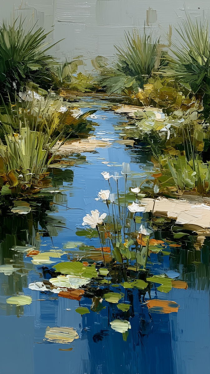 Картина: Белые цветы у воды