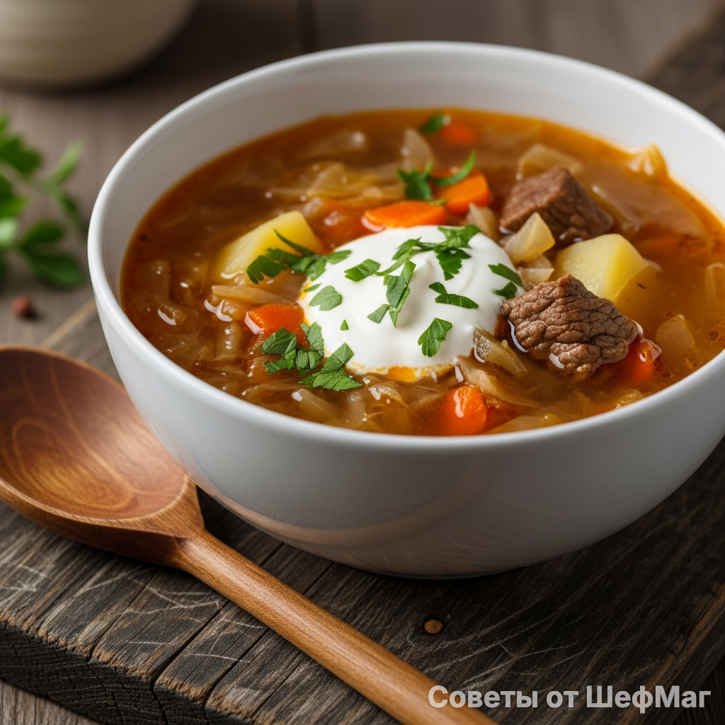 Густые щи из свежей капусты со сметаной - золото домашнего обеда.