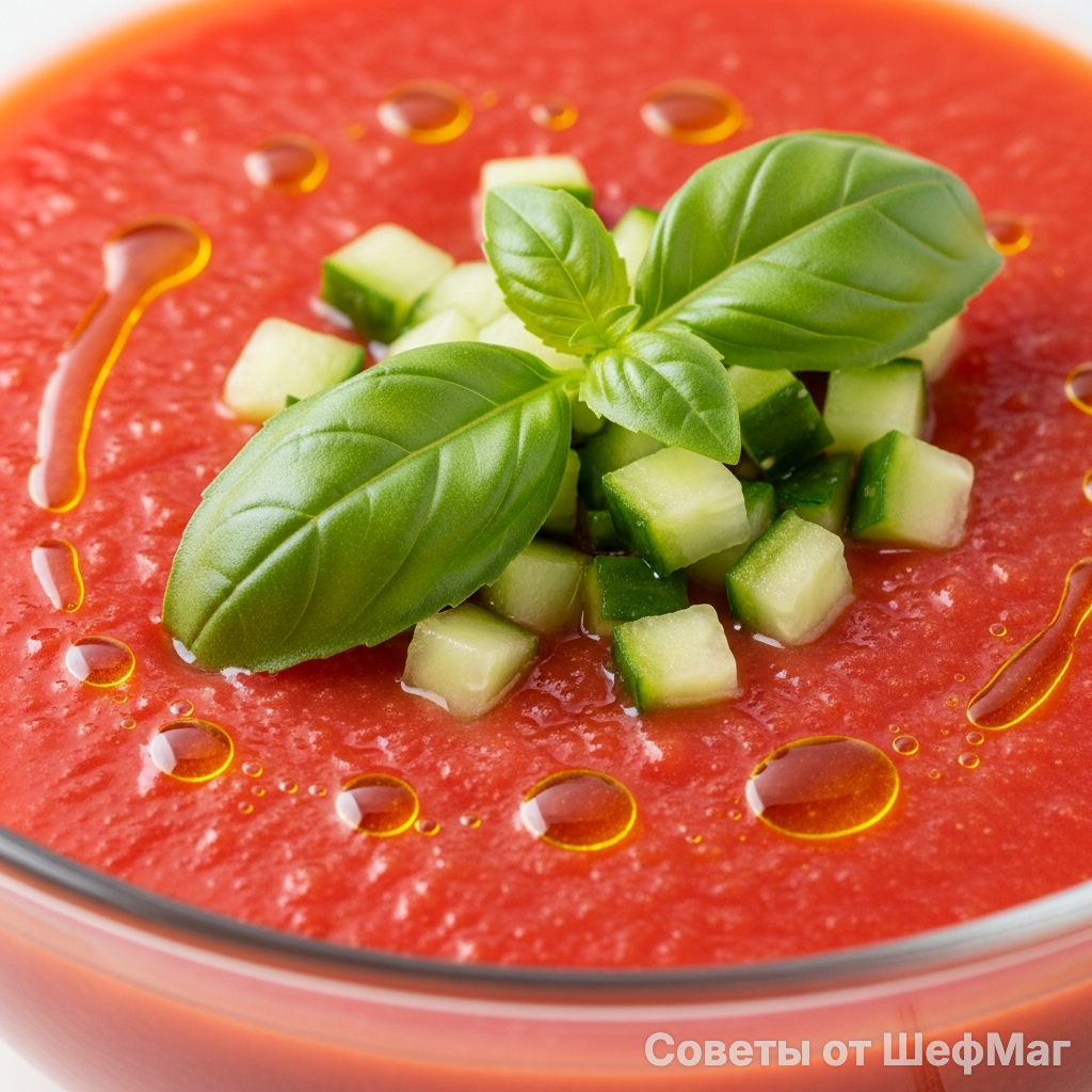 Яркий, насыщенный гаспачо с капельками оливкового масла и свежим базиликом.