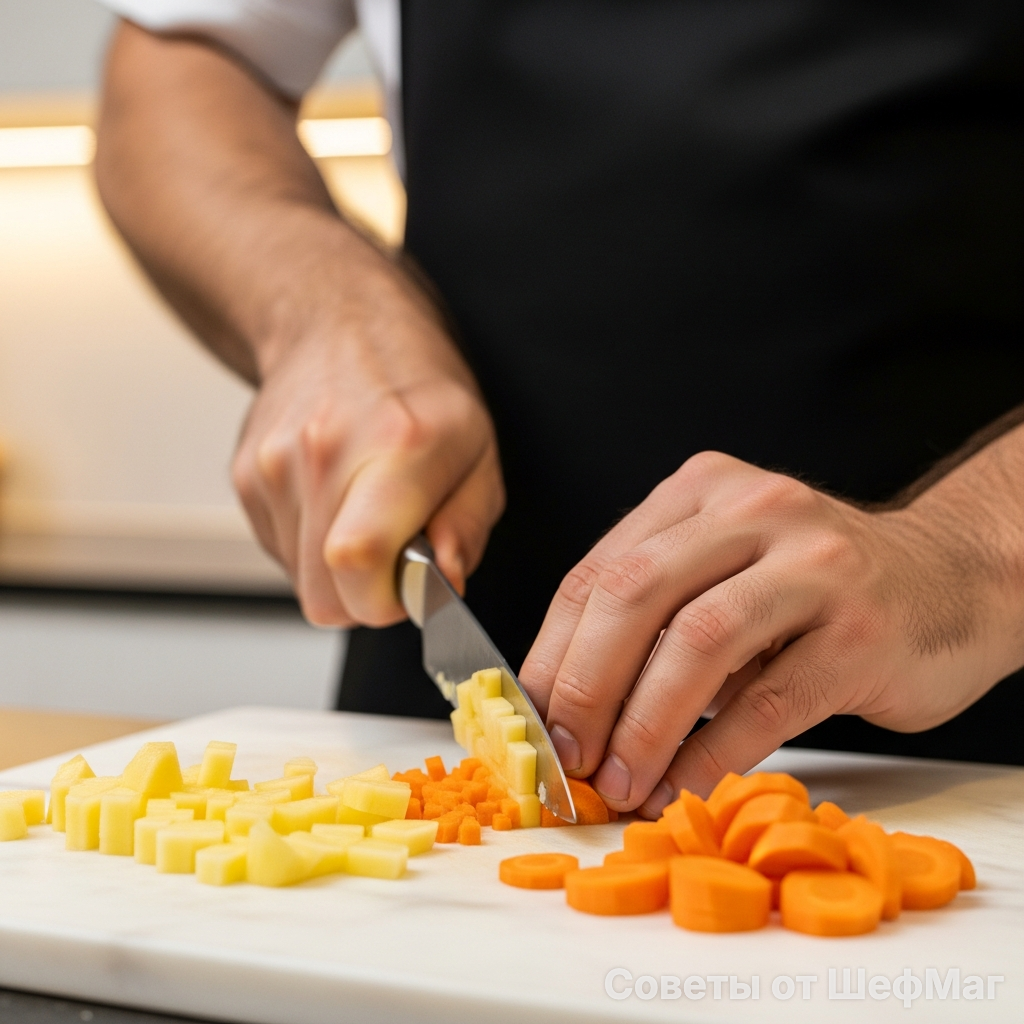 Мелкая нарезка овощей ускоряет процесс экстракции вкуса в бульон.