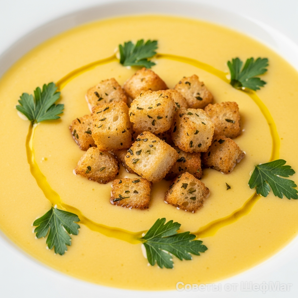 Нежный сырный крем-суп с золотистыми гренками и каплями оливкового масла.