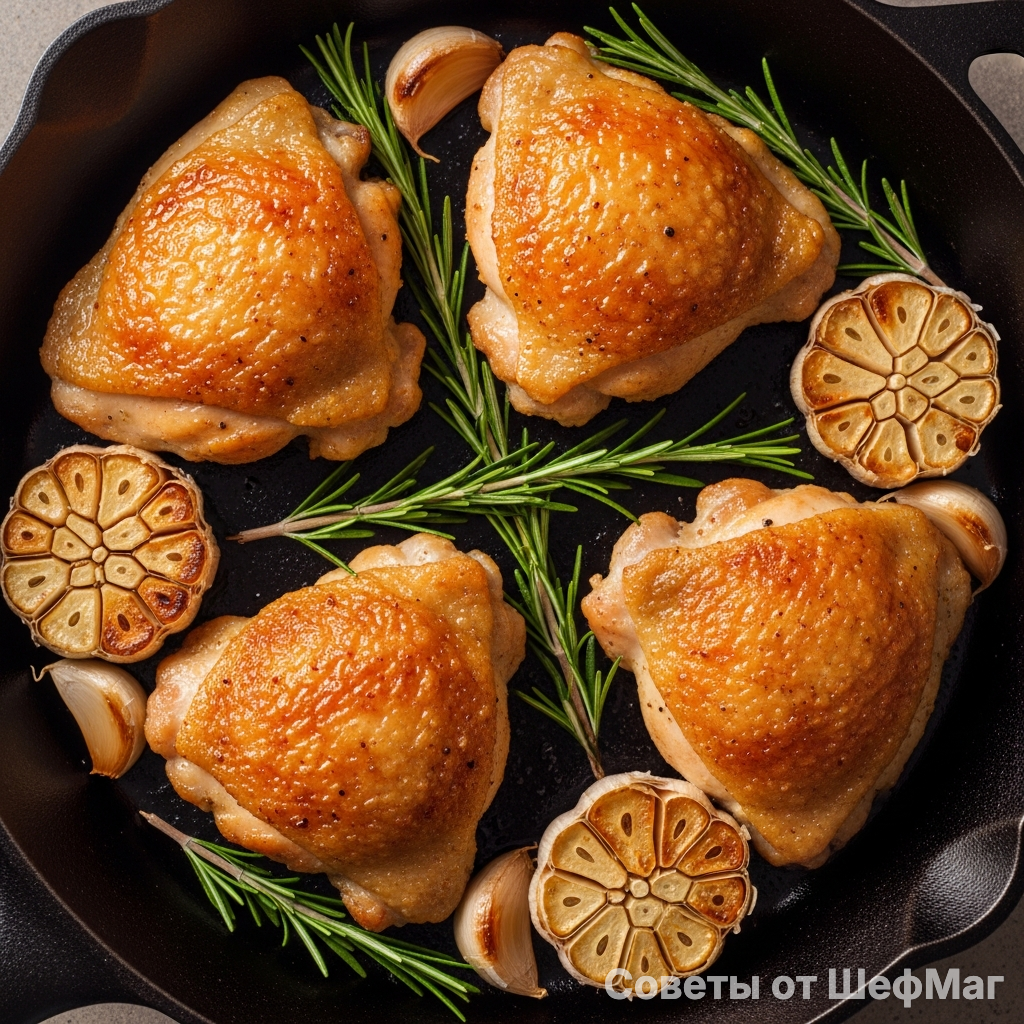 Золотистые куриные бёдра с томленым чесноком и розмарином - триумф вкуса и аромата.