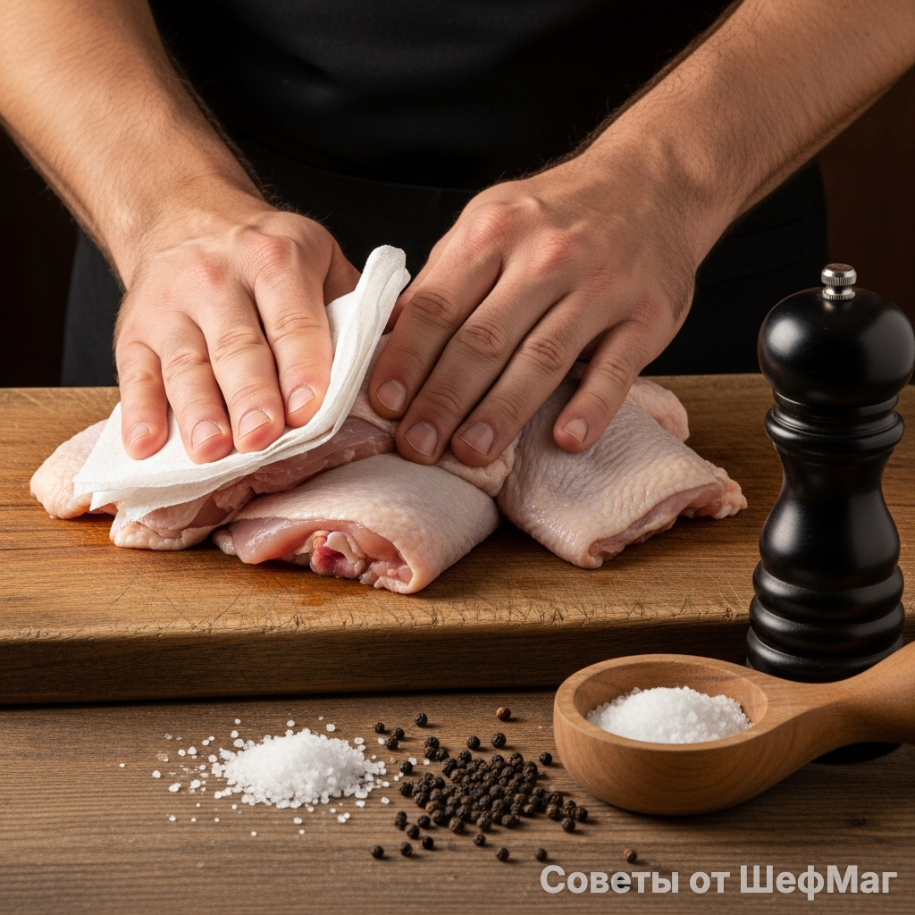 Сухая кожа - залог золотистого хруста, а не вареного эффекта.