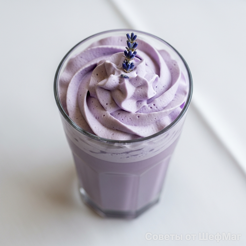 Лавандовый раф в высоком бокале с веточкой сухоцвета - эталон утренней эстетики.