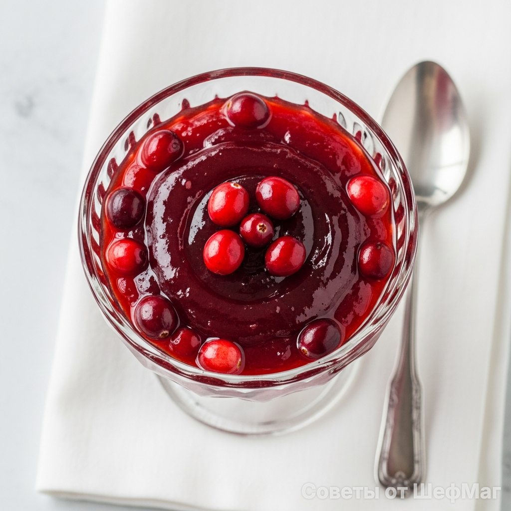 Густой клюквенный кисель в прозрачной вазе с ягодами - золото вашей коллекции десертов.