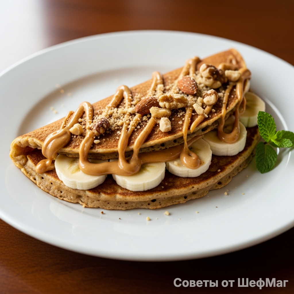 Золотистый овсяноблин с ломтиками банана и тонкими нитями арахисовой пасты.