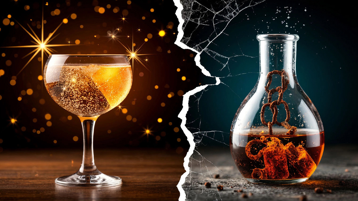 С одной стороны — бокал, полный соблазна. С другой — тот же самый бокал, но под лупой науки. Красота, вкус и привычка часто скрывают то, во что на самом деле превращается каждый глоток внутри.