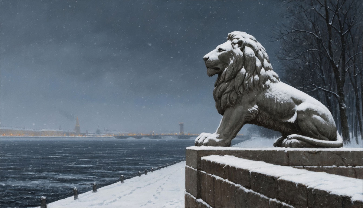 Лев на набережной смотрит на Неву. Изображение от ИИ Шедеврум